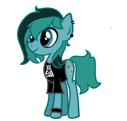 Size: 2895x2766 | Tagged: safe, alternate version, artist:alandisc, imported from derpibooru, oc, oc only, oc:max crow, earth pony, pony, base used, bracelet, clothes, ear piercing, earth pony oc, eyeliner, fall out boy, jewelry, makeup, male, piercing, shirt, show accurate, simple background, smiling, solo, teenager, two toned mane, white background