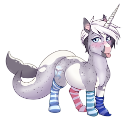 Size: 3240x3062 | Tagged: safe, artist:askbubblelee, imported from derpibooru, oc, oc only, oc:trots n socks, narwhal, pony, sea pony, unicorn, :p, adorasexy, clothes, coat markings, cute, female, freckles, horn, ocbetes, sexy, simple background, smiling, socks, socks (coat markings), solo, striped socks, tongue out, transparent background