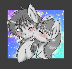 Size: 3144x3016 | Tagged: safe, artist:drawing-assassin-art, derpibooru exclusive, imported from derpibooru, oc, oc only, oc:dark water, oc:littlepip, bat pony, unicorn, fallout equestria, bat pony oc, blushing, cheek kiss, female, hetero littlepip, jewelry, kissing, male, mare, monochrome, necklace, oc x oc, rainbow background, shipping, stallion, straight