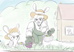 Size: 2399x1695 | Tagged: safe, artist:applephil, imported from derpibooru, applejack, oc, oc:anon, earth pony, human, pony, basket, bunny ears, clothes, easter, easter egg, female, freckles, gloves, grass, holiday, human ponidox, humanized, limited palette, mare, self paradox, self ponidox