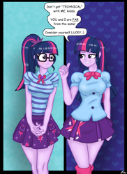 Size: 2975x4092 | Tagged: safe, artist:lennondash, imported from derpibooru, sci-twi, twilight sparkle, human, equestria girls, bowtie, breasts, busty sci-twi, busty twilight sparkle, clothes, duo, duo female, female, geode of telekinesis, glasses, grin, leg warmers, lidded eyes, looking at each other, looking at someone, magical geodes, ponytail, self paradox, skirt, smiling, speech bubble, thumbs up, twolight