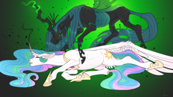 Size: 1920x1080 | Tagged: source needed, safe, artist:snowberry, imported from derpibooru, princess celestia, queen chrysalis, alicorn, changeling, changeling queen, pony, a canterlot wedding, abstract background, canterlot wedding 10th anniversary, crown, curved horn, duo, ethereal mane, eyes closed, female, floppy ears, glowing, glowing eyes, glowing horn, hoers, horn, jewelry, looking at you, lying down, magic, mare, on side, open mouth, prone, realistic horse legs, regalia, smiling, smoke, spread wings, unconscious, victorious villain, wings