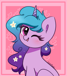 Size: 2917x3308 | Tagged: safe, artist:kittyrosie, imported from derpibooru, izzy moonbow, pony, unicorn, abstract background, blushing, female, flower, flower in hair, g5, heart, high res, looking at you, mare, one eye closed, smiling, smiling at you, solo, wink, winking at you