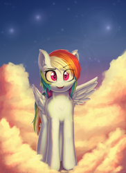 Size: 1688x2320 | Tagged: safe, artist:alexander56910, imported from derpibooru, rainbow dash, pegasus, pony, cloud, ear fluff, happy, raised eyebrow, sky, solo, spread wings, sunset, wings