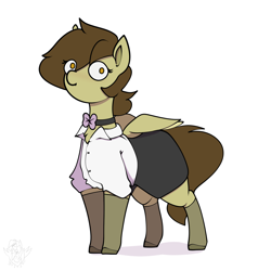 Size: 1968x1968 | Tagged: safe, artist:biepbot, imported from derpibooru, oc, oc only, oc:static spark, pegasus, pony, bowtie, chibi, clothes, dress shirt, female, looking at you, pegasus oc, secretary, shirt, simple background, skirt, solo, stockings, thigh highs, white background