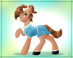 Size: 3154x2500 | Tagged: safe, artist:monsoonvisionz, imported from derpibooru, oc, oc only, oc:heroic armour, pony, unicorn, bow, clothes, crossdressing, dress, male, raised hoof, shoes, socks, solo, stallion, sternocleidomastoid