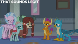 Size: 1280x720 | Tagged: safe, edit, edited screencap, editor:quoterific, imported from derpibooru, screencap, gallus, ocellus, silverstream, smolder, yona, changeling, classical hippogriff, dragon, griffon, hippogriff, yak, school daze, season 8, spoiler:s08, crossed arms, dragoness, eyes closed, female, grin, male, school of friendship, smiling, text