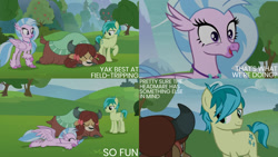 Size: 1280x720 | Tagged: safe, edit, edited screencap, editor:quoterific, imported from derpibooru, screencap, sandbar, silverstream, yona, classical hippogriff, earth pony, hippogriff, pony, yak, non-compete clause, season 8, spoiler:s08, ^^, cute, diastreamies, eyes closed, female, male, open mouth, open smile, smiling, stallion, text, trio, yonadorable