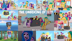 Size: 1280x722 | Tagged: safe, edit, edited screencap, editor:quoterific, imported from derpibooru, screencap, hitch trailblazer, izzy moonbow, pipp petals, sunny starscout, zipp storm, earth pony, pegasus, pony, unicorn, spoiler:g5, spoiler:my little pony: tell your tale, spoiler:tyts01e06, adorazipp, biting, book, cute, eyes closed, female, g5, lip bite, male, mane five (g5), mare, my little pony: tell your tale, open mouth, open smile, smiling, stallion, text, the izzy box, the unboxing of izzy, unicorn entrapment device