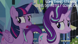 Size: 1280x720 | Tagged: safe, edit, edited screencap, editor:quoterific, imported from derpibooru, screencap, starlight glimmer, twilight sparkle, alicorn, pony, unicorn, season 6, the times they are a changeling, duo, female, mare, open mouth, text, twilight sparkle (alicorn)