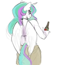 Size: 744x842 | Tagged: safe, artist:cadillac-dynamite, imported from derpibooru, princess celestia, alicorn, anthro, apple cider, ass, back, butt, clothes, dress, female, glasses, open-back dress, simple background, solo, white background