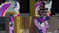 Size: 1280x720 | Tagged: safe, edit, edited screencap, editor:quoterific, imported from derpibooru, screencap, princess cadance, shining armor, twilight sparkle, alicorn, pony, unicorn, a canterlot wedding, season 2, crown, female, gasp, jewelry, male, mare, open mouth, regalia, smiling, stallion, text, unicorn twilight