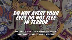 Size: 1280x720 | Tagged: safe, edit, editor:quoterific, idw, imported from derpibooru, capper dapperpaws, captain celaeno, grubber, storm king, abyssinian, my little pony: the movie, nightmare knights, spoiler:comic, male, smiling, solo, text