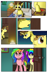 Size: 1800x2740 | Tagged: safe, artist:candyclumsy, imported from derpibooru, oc, oc:candy clumsy, oc:rainbow tashie, oc:tommy the human, alicorn, earth pony, pegasus, pony, comic:luna's cronenberg, bedroom, book, boop, canterlot, canterlot castle, child, colt, comic, commissioner:bigonionbean, cutie mark, door, dresser, earth pony oc, female, foal, furniture, horn, lamp, male, mare, pegasus oc, picture, picture frame, reading, surprised, wings, writer:bigonionbean