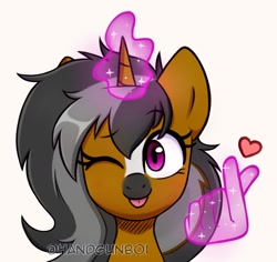 Size: 1144x1080 | Tagged: safe, artist:handgunboi, imported from derpibooru, oc, oc:sparta windprancer, pony, unicorn, :p, commission, female, hand, heart, looking at you, magic, magic aura, magic hands, mare, one eye closed, simple background, smiling, solo, tongue out, white background, wink