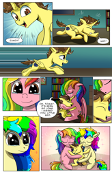 Size: 1800x2740 | Tagged: safe, artist:candyclumsy, imported from derpibooru, oc, oc:candy clumsy, oc:rainbow tashie, oc:tommy the human, alicorn, earth pony, pegasus, pony, comic:luna's cronenberg, bedroom, book, boop, canterlot, canterlot castle, child, colt, comic, commissioner:bigonionbean, crying, cutie mark, door, dresser, earth pony oc, female, foal, furniture, galloping, group hug, horn, hug, hugging a pony, kissing, lamp, male, mare, pegasus oc, picture, picture frame, reading, reunion, surprised, tears of joy, teary eyes, wings, writer:bigonionbean