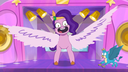 Size: 1280x721 | Tagged: safe, edit, edited screencap, editor:horsesplease, imported from derpibooru, screencap, gallus, pipp petals, griffon, pegasus, pony, spoiler:g5, spoiler:my little pony: tell your tale, spoiler:tyts01e05, crossing the memes, derp, g4, g5, gallus the rooster, gallusposting, happy, insanity, large wings, mane melody, meme, my little pony: tell your tale, pippamena, pippasprite, spread wings, two legged creature, wings