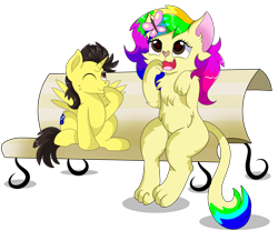 Size: 8800x7326 | Tagged: safe, artist:rainbowtashie, imported from derpibooru, oc, oc only, oc:rainbow tashie, oc:tommy the human, abyssinian, alicorn, butterfly, cat, insect, pony, absurd resolution, abyssinian oc, abyssinianized, alicorn oc, bench, child, colt, commissioner:bigonionbean, duo, duo male and female, female, foal, happy, horn, looking at someone, male, mare, missing cutie mark, one eye closed, open mouth, shadow, simple background, sitting, species swap, transparent background, wings, writer:bigonionbean