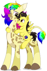 Size: 5700x8600 | Tagged: safe, artist:rainbowtashie, imported from derpibooru, oc, oc only, oc:rainbow tashie, oc:tommy the human, alicorn, giraffe, insect, absurd resolution, alicorn oc, child, colt, commissioner:bigonionbean, duo, duo male and female, female, foal, giraffied, happy, horn, looking at someone, male, mare, missing cutie mark, open mouth, riding, shadow, simple background, sitting, species swap, transparent background, wings, writer:bigonionbean