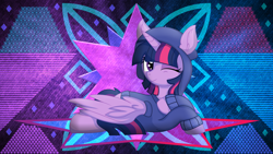 Size: 3840x2160 | Tagged: safe, artist:cyanlightning, artist:laszlvfx, edit, imported from derpibooru, twilight sparkle, alicorn, pony, clothes, hoodie, lying down, prone, solo, twilight sparkle (alicorn), wallpaper, wallpaper edit