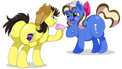 Size: 1280x726 | Tagged: safe, artist:rainbowtashie, imported from derpibooru, oc, oc only, oc:sundae shake, oc:tommy the human, alicorn, earth pony, pony, absurd resolution, alicorn oc, australia, australian, bow, butt, chonk, chubby, commissioner:bigonionbean, dessert, duo, duo male and female, earth pony oc, extra thicc, fat, female, flank, freckles, hair bow, hat, horn, large butt, looking at someone, male, mare, open mouth, plot, shadow, simple background, stallion, transparent background, wings, writer:bigonionbean