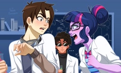 Size: 4224x2550 | Tagged: safe, artist:ameliacostanza, imported from derpibooru, sci-twi, twilight sparkle, human, equestria girls, angry, clothes, commission, crossover, doctor octopus, lab coat, marvel, peter parker, yelling