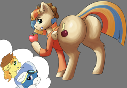 Size: 4000x2780 | Tagged: safe, artist:shaliwolf, imported from derpibooru, oc, oc:spicy cider, earth pony, pegasus, pony, butt, clothes, commission, commissioner:bigonionbean, cowboy hat, dock, embarrassed, extra thicc, flank, fusion, fusion:braeburn, fusion:wind waker, hat, horn, jumpsuit, large butt, looking at you, looking back, looking back at you, male, plot, sitting, stallion, stetson, tail, the ass was fat, thought bubble, writer:bigonionbean