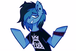 Size: 4134x2756 | Tagged: safe, artist:mxmx fw, imported from derpibooru, oc, oc:max crow, earth pony, pony, bracelet, clothes, ear piercing, emo, eyeliner, fall out boy, jewelry, makeup, male, piercing, shirt, simple background, smiling, solo, teenager, two toned mane, white background