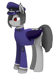 Size: 1020x1368 | Tagged: safe, artist:puginpocket, derpibooru exclusive, imported from derpibooru, oc, oc only, bat pony, pony, equestria at war mod, bat pony oc, clothes, female, folded wings, gray coat, grey hair, mare, military uniform, red eyes, simple background, solo, transparent background, uniform, wings