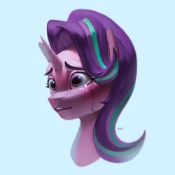 Size: 3000x3000 | Tagged: safe, artist:annna markarova, imported from derpibooru, starlight glimmer, pony, unicorn, bust, crying, eyebrows, light blue background, portrait, sequins, simple background, solo, tears of pain, teary eyes