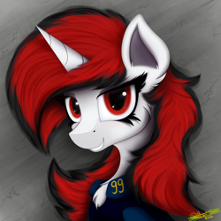 Size: 4000x4000 | Tagged: safe, artist:ser-p, imported from derpibooru, oc, oc only, oc:blackjack, pony, unicorn, fallout equestria, fallout equestria: project horizons, absurd resolution, big mane, black and red mane, bust, chest fluff, clothes, ear fluff, eyelashes, female, horn, jumpsuit, looking at you, mare, portrait, red eyes, smiling, smiling at you, solo, unicorn oc, vault suit, white coat