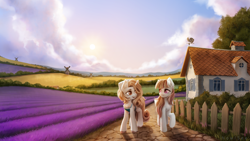 Size: 2880x1620 | Tagged: safe, artist:inowiseei, imported from derpibooru, oc, oc only, oc:coco, oc:leona, pegasus, pony, unicorn, detailed background, duo, female, fence, field, house, mare, scenery, sky, sun, windmill