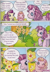 Size: 1280x1834 | Tagged: safe, artist:heckyeahponyscans, imported from derpibooru, cupcake (g3), royal bouquet, tulip twinkle, bow, g3, garden, hair bow, hoof heart, official, official comic, one eye closed, surprised, the beautiful garden weeds, weeds, wink