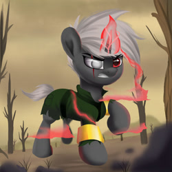 Size: 1280x1280 | Tagged: safe, artist:joaothejohn, imported from derpibooru, oc, oc only, oc:hunter, pony, unicorn, fallout equestria, angry, blind eye, desert, fallout, horn, jewelry, magic, ring, rock, running, scar, solo, tree, unicorn oc