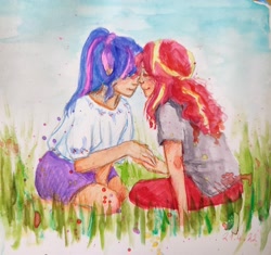 Size: 3196x3000 | Tagged: safe, artist:elisdoominika, imported from derpibooru, sci-twi, sunset shimmer, twilight sparkle, human, equestria girls, blouse, blue sky, clothes, couple, female, grass, holding hands, lesbian, looking at each other, painting, pants, ponytail, scitwishimmer, shipping, shirt, sitting, skirt, smiling, smiling at each other, sunsetsparkle, t-shirt, traditional art, watercolor painting