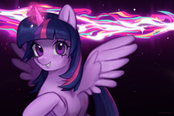 Size: 6000x4000 | Tagged: safe, artist:oops pio, imported from derpibooru, twilight sparkle, alicorn, pony, black background, cute, female, halfbody, happy, horn, mare, simple background, solo, twilight sparkle (alicorn), wallpaper, wings