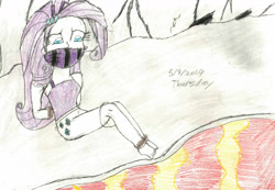 Size: 1280x885 | Tagged: safe, artist:bluesplendont, imported from derpibooru, rarity, human, equestria girls, abuse, arm behind back, bondage, bound and gagged, cloth gag, damsel in distress, gag, help, help me, lava, peril, raribuse, scared, solo, tied up, traditional art, volcano, worried