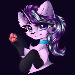 Size: 3000x3000 | Tagged: safe, artist:jsunlight, imported from derpibooru, starlight glimmer, pony, unicorn, animal costume, black background, black socks, cat costume, chest fluff, choker, clothes, collaboration, collaboration:choose your starlight, costume, ear fluff, looking at you, paw pads, paw socks, paws, simple background, socks, solo