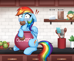 Size: 4000x3298 | Tagged: safe, artist:confetticakez, imported from derpibooru, rainbow dash, pegasus, pony, !!!, apple, blushing, caught, chest fluff, cookie, cookie jar, cookie thief, cute, dashabetes, eating, exclamation point, female, floppy ears, food, jar, kitchen, looking at you, mare, salt, solo, spatula, spoon, thief