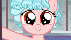 Size: 1280x720 | Tagged: safe, imported from derpibooru, screencap, cozy glow, pegasus, pony, school raze, season 8, spoiler:s08, close-up, cozybetes, cute, daaaaaaaaaaaw, dilated pupils, female, filly, foal, happy, hnnng, implied cutie mark crusaders, pure unfiltered evil, smiling, solo, weapons-grade cute