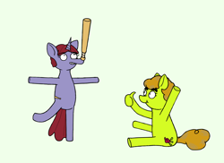 Size: 2200x1600 | Tagged: safe, artist:potatoconnoisseur, derpibooru exclusive, imported from derpibooru, oc, oc only, oc:assaultina, oc:up beet, earth pony, pony, unicorn, balancing, baseball bat, bipedal, duo, female, mare, ponies balancing stuff on their nose, simple background, sitting, smiling, thumbs up