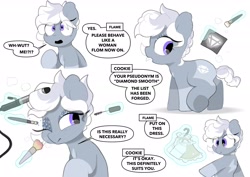 Size: 3035x2150 | Tagged: safe, alternate version, artist:mochi_nation, imported from derpibooru, oc, oc only, oc:silver bolt, earth pony, pony, clothes, comic, curling iron, dialogue, dress, english, engrish, eyeshadow, fake cutie mark, female, makeup, mare, offscreen character, simple background, solo, translation, white background