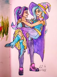 Size: 960x1280 | Tagged: safe, artist:elisdoominika, imported from derpibooru, starlight glimmer, trixie, human, equestria girls, arms around neck, belt, boots, bridal carry, cape, carrying, clothes, couple, dress, hat, humanized, looking at each other, looking at someone, pants, shirt, shoes, smiling, smiling at each other, smirk, sneakers, t-shirt, traditional art, trixie's cape, trixie's hat, watercolor painting