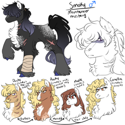 Size: 3000x3000 | Tagged: safe, artist:gingygin, imported from derpibooru, oc, oc only, oc:camellia, oc:dusky, oc:maple, oc:rocky, oc:smoky, earth pony, pony, bust, chest fluff, female, fluffy, leg wraps, male, mare, scar, simple background, stallion, white background