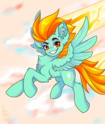 Size: 1600x1900 | Tagged: safe, artist:falafeljake, imported from derpibooru, lightning dust, pegasus, pony, blushing, ear fluff, eyelashes, female, leg fluff, looking at you, smiling, solo, spread wings, tail, wings