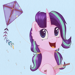 Size: 3000x3000 | Tagged: safe, artist:0okami-0ni, imported from derpibooru, starlight glimmer, pony, unicorn, cute, dandelion, female, glimmerbetes, high res, kite, kite flying, mare, open mouth, open smile, signature, smiling, solo, that pony sure does love kites