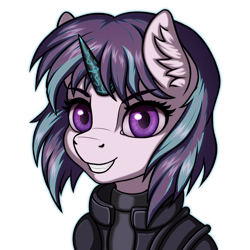 Size: 2000x2000 | Tagged: safe, artist:eltaile, imported from derpibooru, starlight glimmer, pony, unicorn, alternate hairstyle, bust, clothes, collaboration, collaboration:choose your starlight, cosplay, costume, crossover, cyberpunk, ear fluff, female, ghost in the shell, mare, motoko kusanagi, portrait, simple background, smiling, solo, transparent background