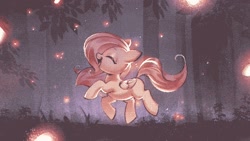 Size: 1647x927 | Tagged: safe, alternate version, artist:mirroredsea, imported from derpibooru, fluttershy, firefly (insect), insect, pegasus, pony, cute, eyes closed, female, filly, filly fluttershy, foal, folded wings, forest, night, open mouth, outdoors, pixel art, prancing, profile, scenery, shyabetes, smiling, solo, tree, wings, younger