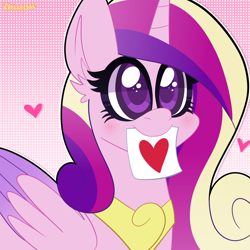 Size: 2000x2000 | Tagged: safe, artist:saveraedae, imported from derpibooru, princess cadance, alicorn, pony, blushing, canterlot wedding 10th anniversary, cute, cutedance, folded wings, heart, letter, love letter, paper, solo, wings
