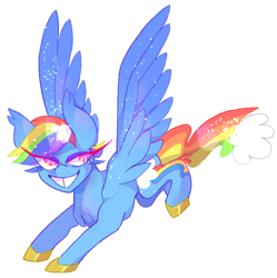Size: 626x628 | Tagged: safe, artist:beebee, imported from derpibooru, rainbow dash, pegasus, pony, alternate design, colored hooves, eye clipping through hair, flying, gold hooves, grin, hooves, simple background, smiling, solo, spread wings, white background, wings